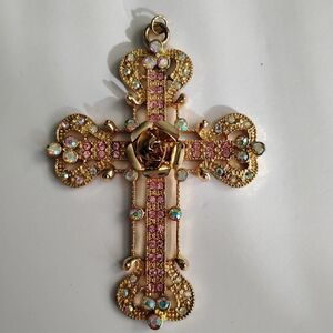 Large Cross Pendant, Gold-toned with Rhinestones, Pre-owned